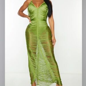 SHAPE OLIVE FRINGE DETAIL MIDAXI DRESS